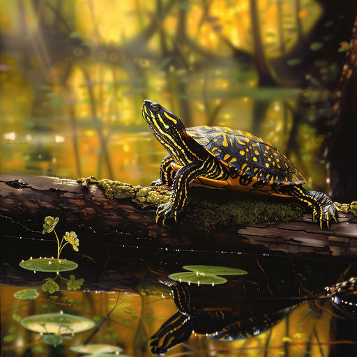 Yellow spotted turtle basking on a sunlit log in a serene forest pond