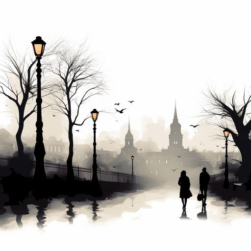 Daytime illustration in the style of Chiaroscuro Art, on a white background