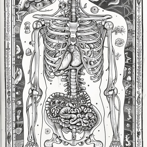 Detailed cross-section of a human body with artistic designs