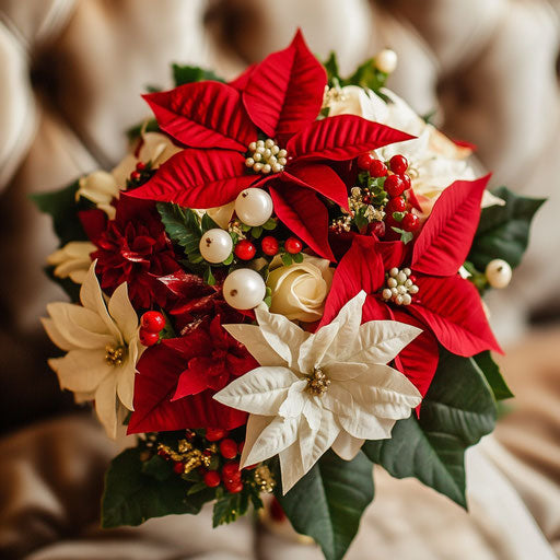 Poinsettia-themed bridal bouquet, red and white for Christmas wedding