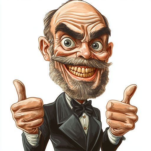 Humorous caricature of an Alfred Nobel caricature clipart with human characteristics, exaggerated grin teeth, with toes feet, bright colors, vibrant colors, cartoon style, thumbs up, high resolution, isolated