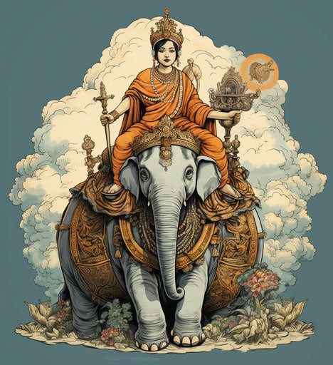 Buddha riding an elephant in editorial cartoon style