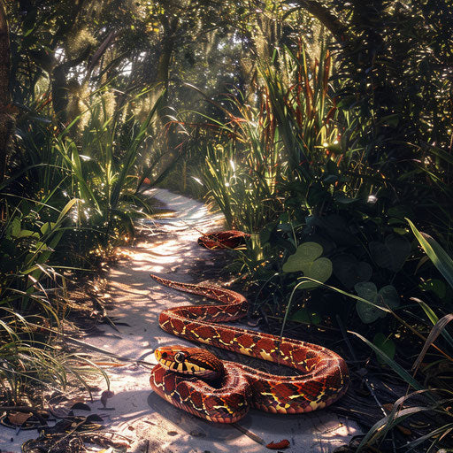 Corn snake gliding across a sunlit path
