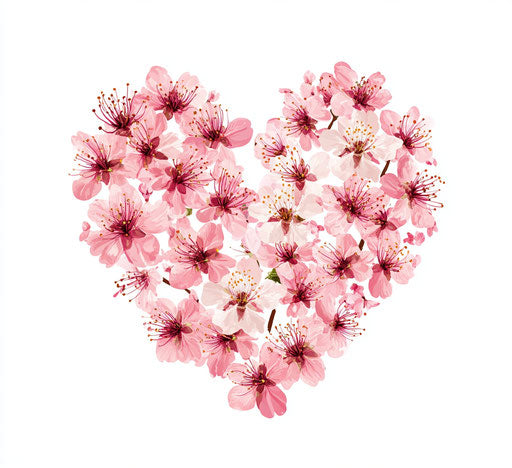 Pink cherry blossom heart on white background, high resolution