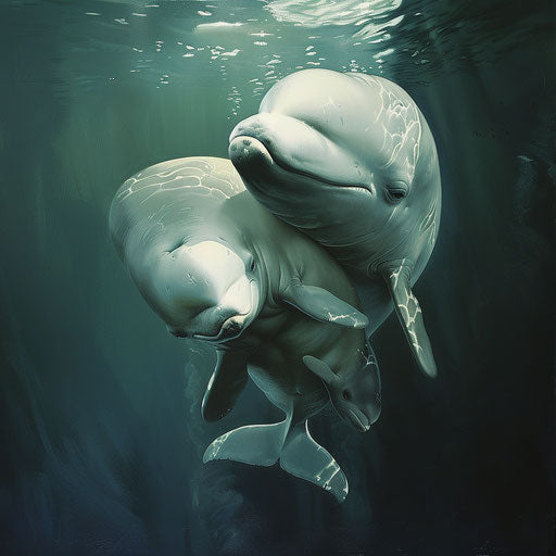 Intimate moment between a beluga whale and her calf, swimming together in a secluded bay