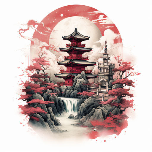 Japanese pagoda art print, inspired by tattoo, fictional landscapes, dark white and dark red