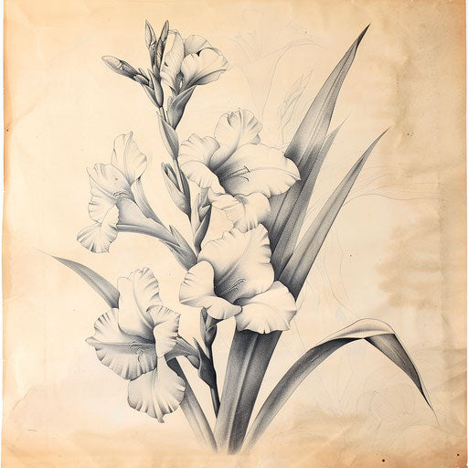 Vintage botanical illustration of a gladiolus, adapted into a tattoo on white parchment