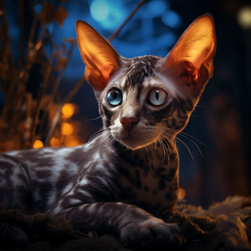 Cornish rex cat lying outside at night