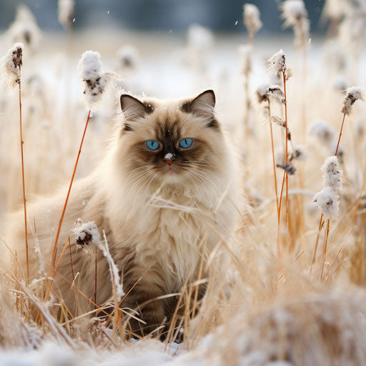 Himalayan cat in a field while it is snowing