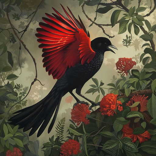 Black bird with red wings in a picturesque garden