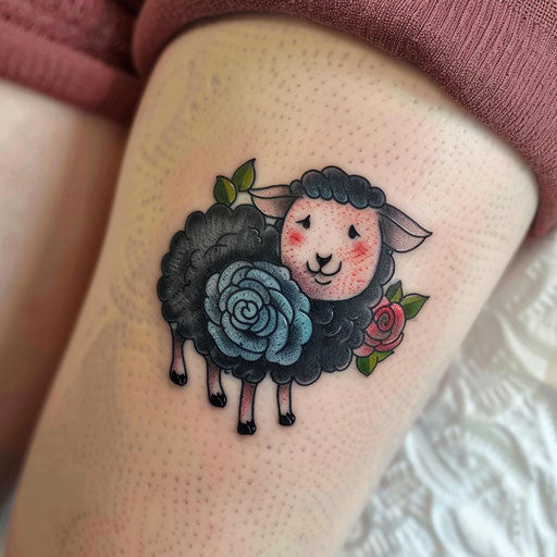 Animated black sheep tattoo design in cartoon style, playful and colorful, on white surface