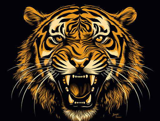 Black and gold tiger portrait on light background, bold outline style