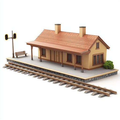 3D train station on flat white background