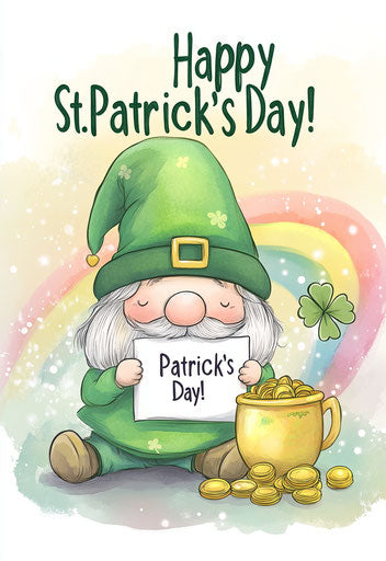 Happy St. Patrick's Day: cute gnome by the rainbow