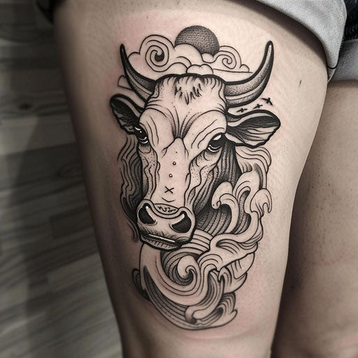 Japanese ink style cow tattoo with waves and clouds in black and gray on white background