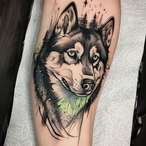 Surreal flat tattoo sketch of a husky with eyes reflecting the northern lights