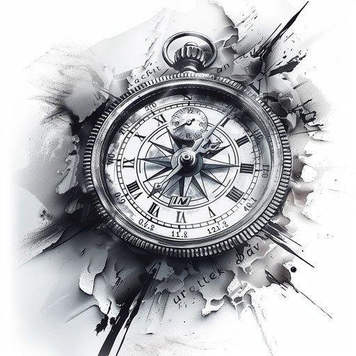 Black & white tattoo: compass and clock on white