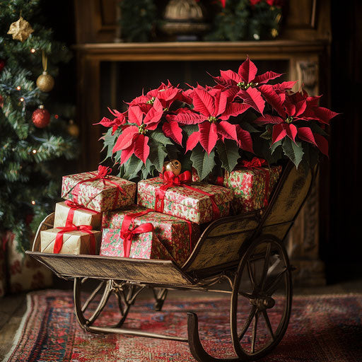 Vintage sleigh filled with poinsettias and wrapped gifts