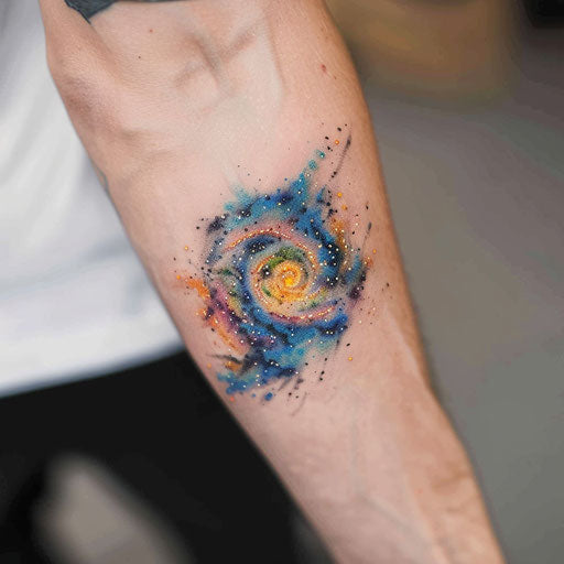 Watercolor tattoo of a galaxy and stars