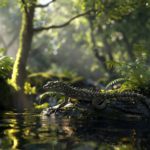 Gecko lizard by a calm forest stream