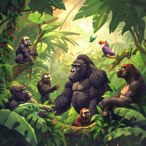 Jungle harmony: gorillas interacting with other animals