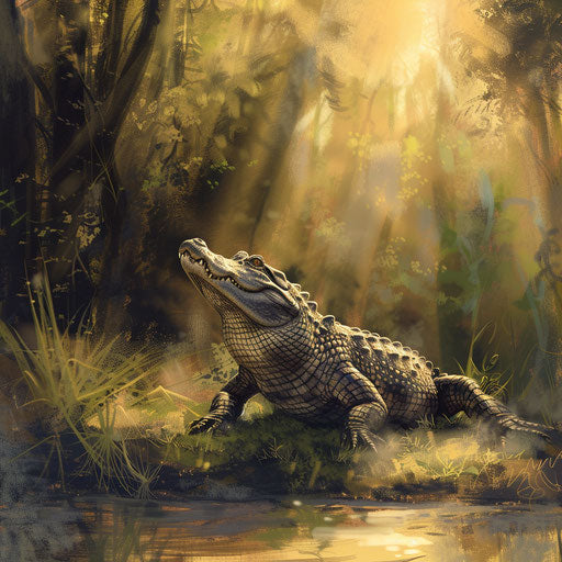 An alligator basking in the sunlight on a riverbank