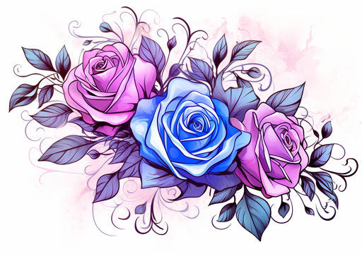 Violet and blue roses in neon on white background
