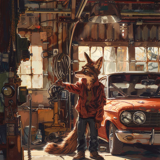 A coyote mechanic for classic cars in a sunny garage