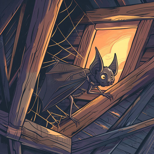 Bat exploring a spiderweb-filled attic
