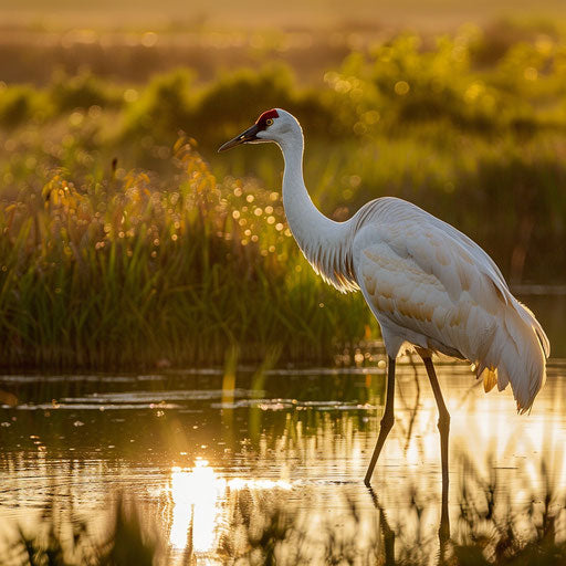 Majestic whooping crane in natural habitat at golden hour