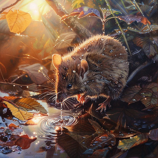 An antechinus drinking from a dew-covered leaf at dawn