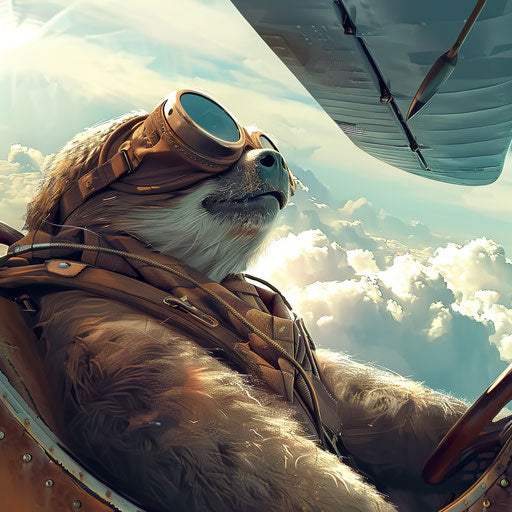The vintage airplane pilot sloth above the clouds