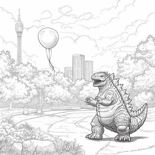 Playful Godzilla holding a balloon in a park