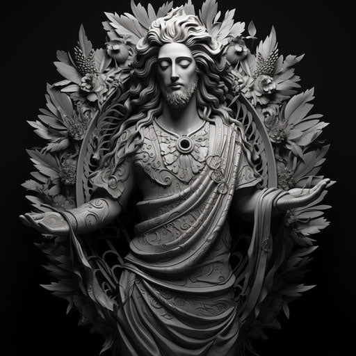 Sculpture of Jesus with a peacock tattoo, pencil art style