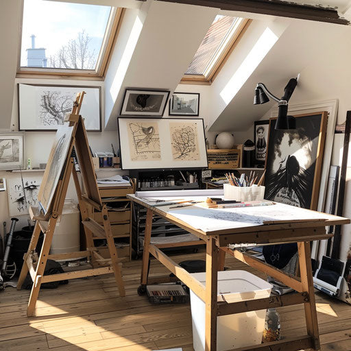 Home office with dedicated art space and drafting table