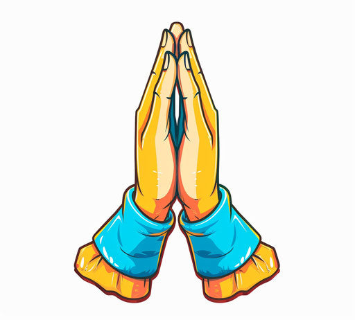 Praying hands in emoji style, blue sleeve, white background