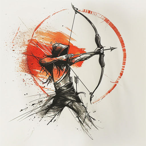 Bow arrow tattoo sketch, sunset silhouette contrast