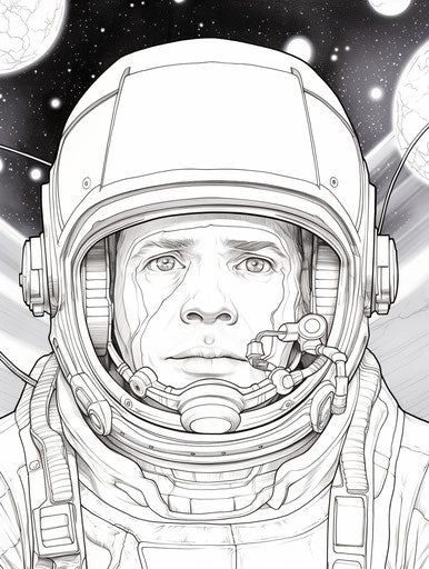 Space station astronaut coloring page, comic art style