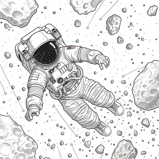 Astronaut with jetpack in asteroid field