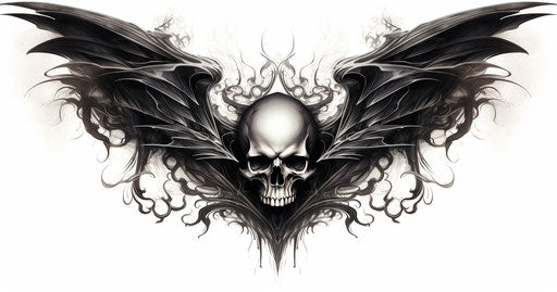 Black skull with wings tattoo, gravure printing style