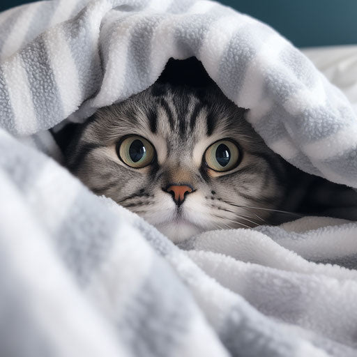 An American shorthair cat under blankets with head peeking out