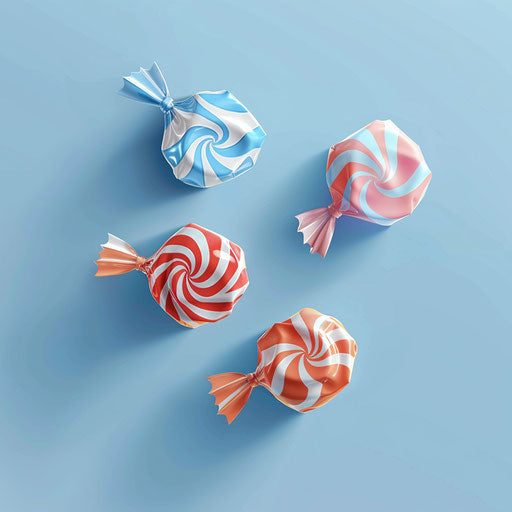 Photo-realistic candies with blur on flat indigo background
