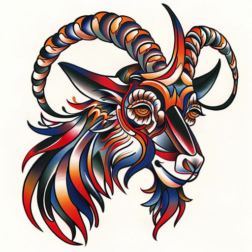 Neo-traditional goat tattoo design with bold colors