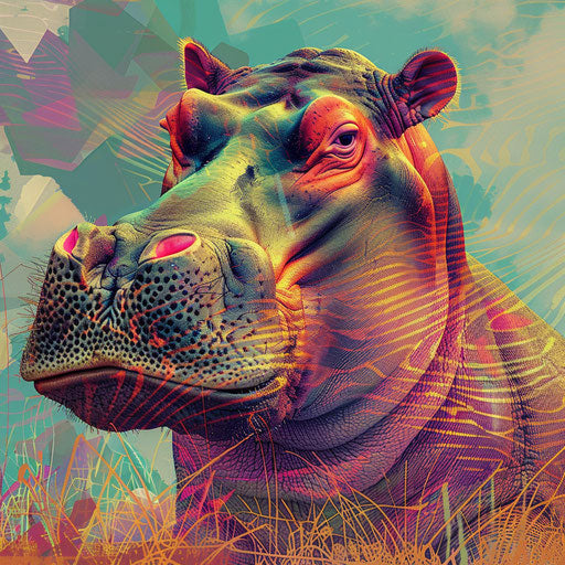 Stylized image of a hippo in pop art colors and patterns
