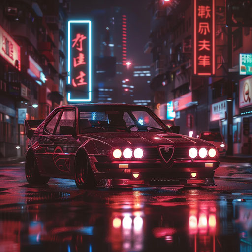 Cyberpunk Alfa Romeo Alfasud with holographic displays and LED underglow, cruising through a futuristic city