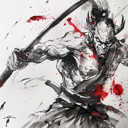 Fierce oni warrior armed with kanabo club, in bold ink strokes on white sketch paper.