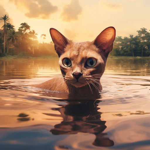 Burmese cat swimming in a lake by the shore