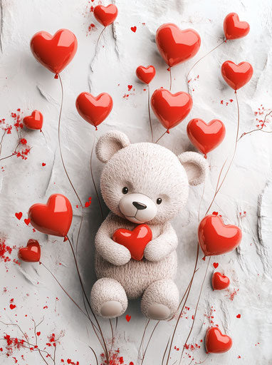 Adorable teddy bear surrounded by heart balloons