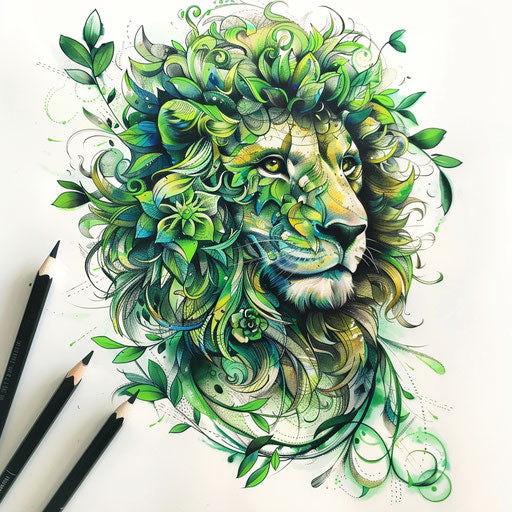 Botanical tattoo sketch of the Lion of Judah with floral patterns