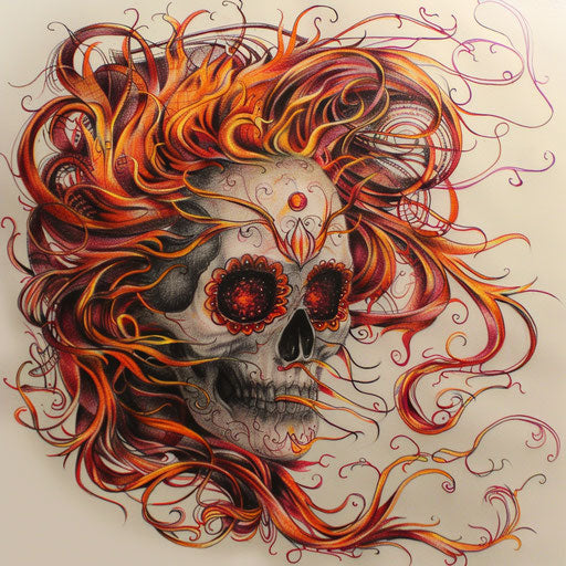 Flaming sugar skull with ruby red eyes